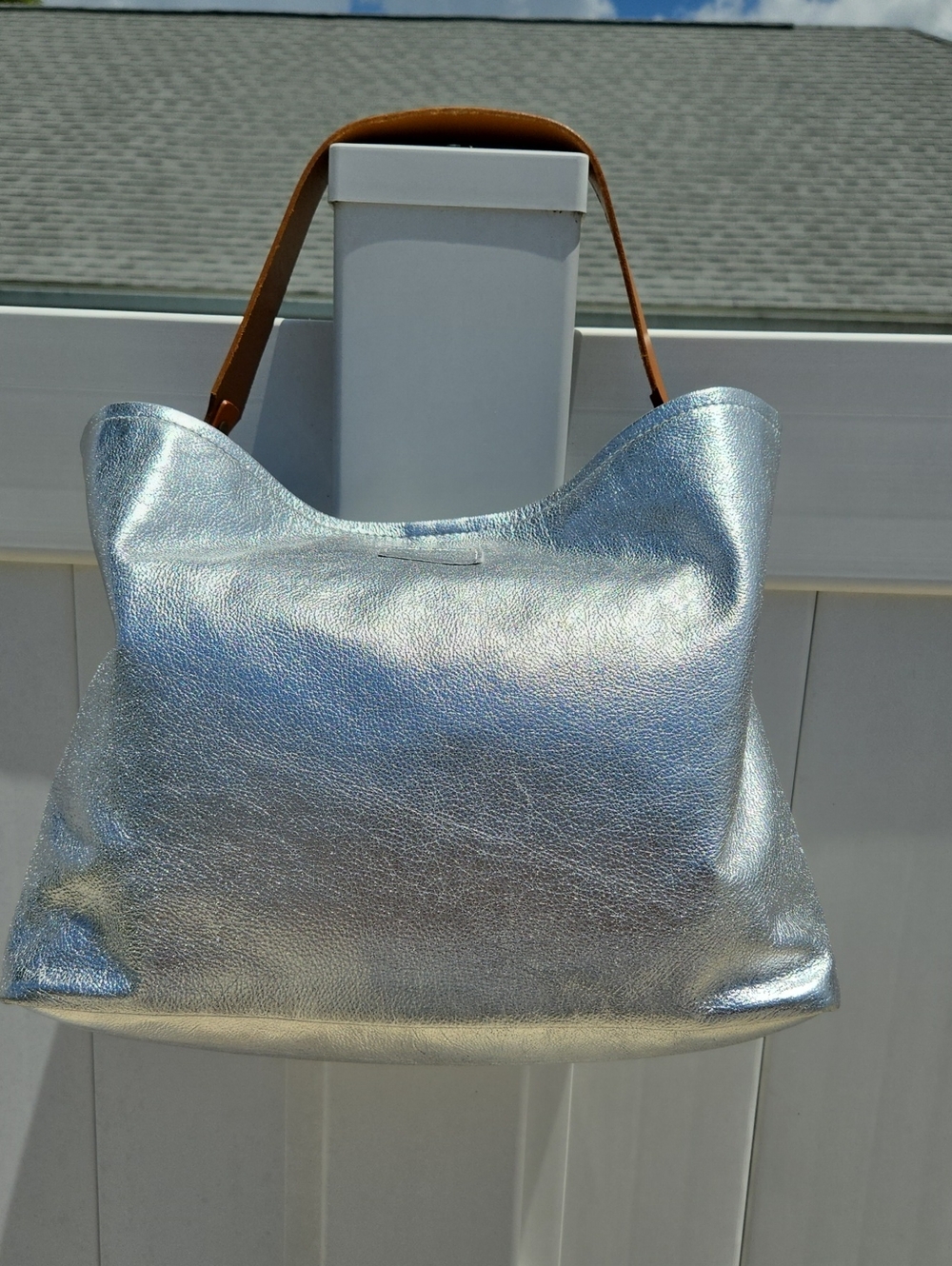 Metallic Silver Tote Bag with Brown Handle